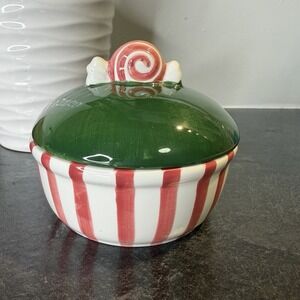 Vintage Bath & Body Works At Home Peppermint Striped Lidded Candy‎ Dish